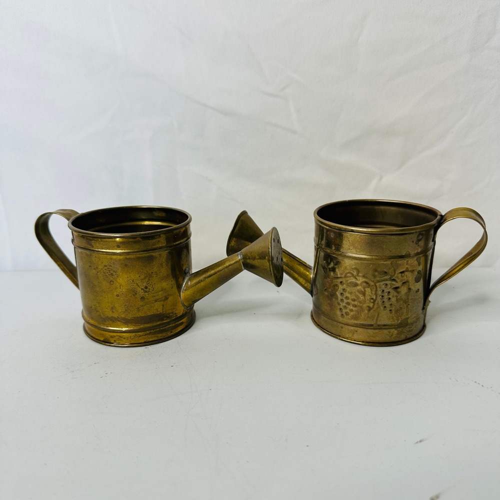 Vintage Brass Mini Watering Cans Set of 2 Embossed Grape Vine India Decor 3.5in